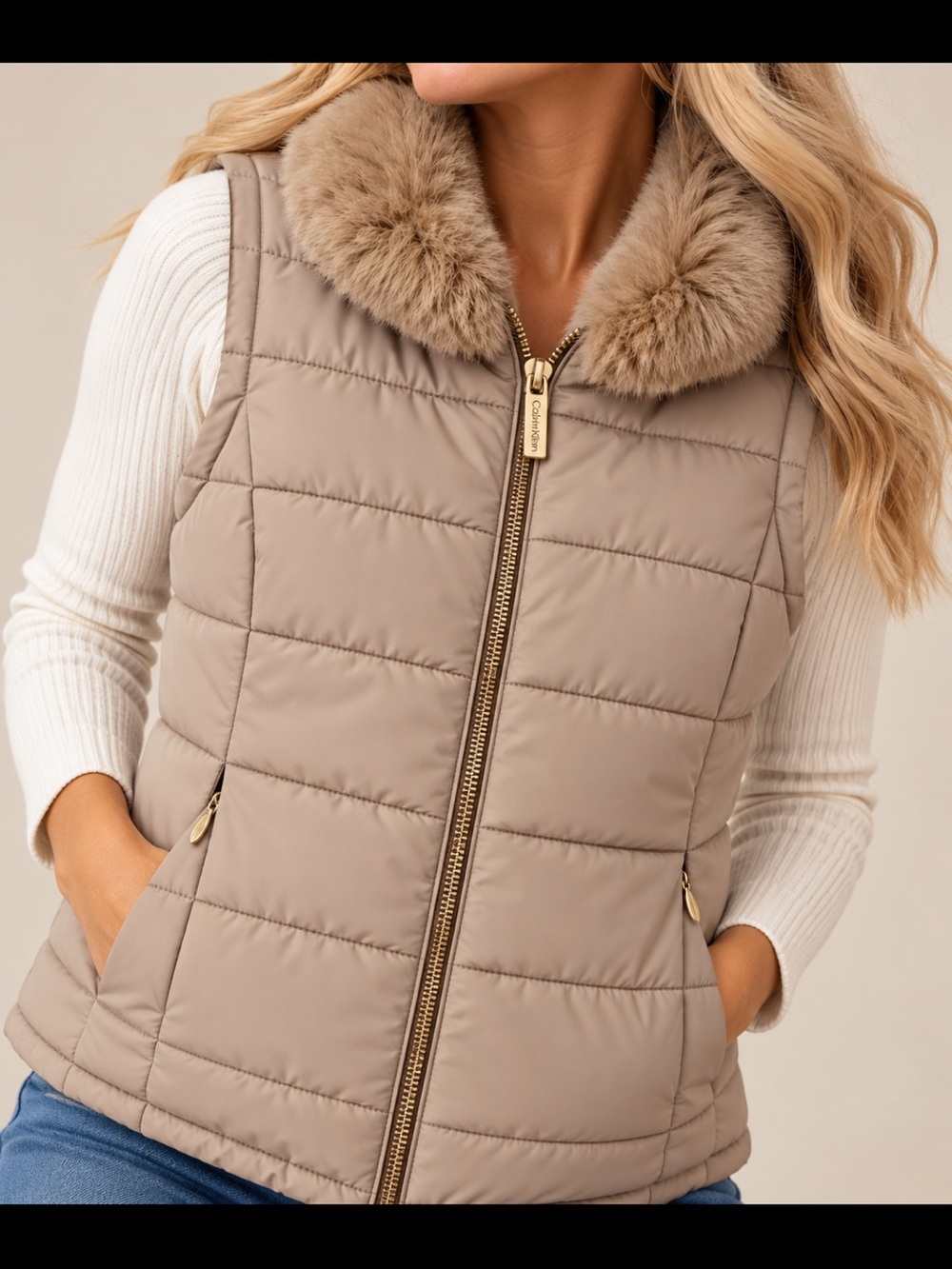 Calvin Klein Women’s Quilted Puffer Vest Faux Fur Collar Beige/Taupe Large
